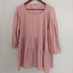 ODDI Pink Pointelle Knit Tiered Babydoll Tunic Dress Blouse Plus Size 1XL